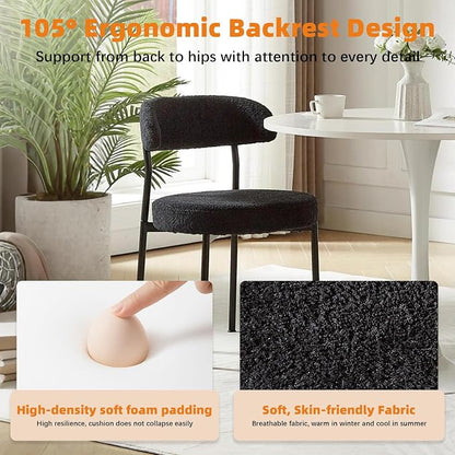 SoarFlash Dining Chairs, Black Boucle Dining Chairs Set of 4, Kitchen Dining Room Chairs Curved Backrest Upholstered Mid Century Modern Chairs with Black Metal Legs