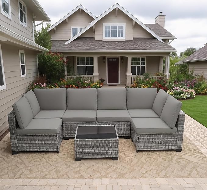 MOCHITO 7 Pieces Outdoor Patio Furniture Sets, All-Weather Sectional Sofa Grey PE Rattan Wicker Conversation Set with Glass Table and Washable Grey Cushions for Backyard,Sunroom,Garden,Porch