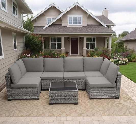 MOCHITO 7 Pieces Outdoor Patio Furniture Sets, All-Weather Sectional Sofa Grey PE Rattan Wicker Conversation Set with Glass Table and Washable Grey Cushions for Backyard,Sunroom,Garden,Porch