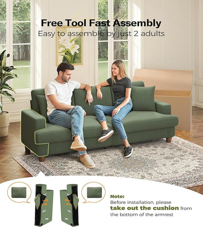 87in Corduroy Couch, Kidirect Sofa No Tool Assembly, Comfy Couches for Living Room 21in Deeper Seats, Corduroy Sofas for Living Room with 2 Pillows, Oversized Loveseat Sofa, Boho Love Seat Green Couch
