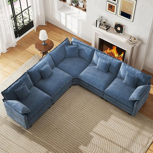 WorthFurni 114” Oversized Modular Sectional Sofa, 5-Seater V Shaped Cloud Couch Set, Comfy Chenille Deep Seat Sofa with 5 Throw Pillows, DIY Combination for Living Room (Blue)