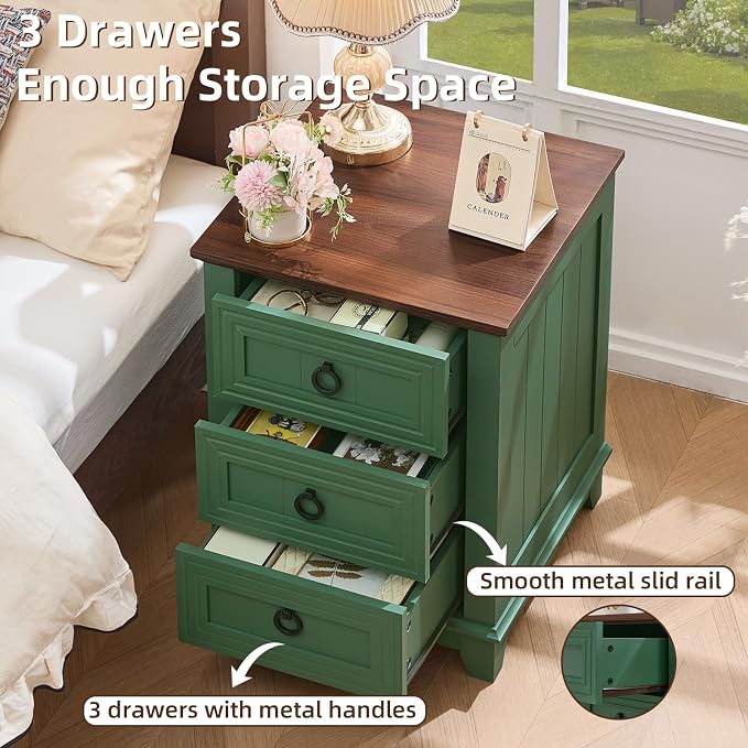 Joaxswe Farmhouse Night Stand, 18" End Table with 3 Drawer Metal Handle, Sofa Bed Side Table Chest of Drawers,Wood Nightstand Cabinet for Organizer, Living Room-Green