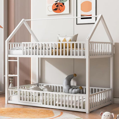 RuiSiSi Metal Bunk Bed Twin Over Twin, Floor House Bunk Bed with Safety Guardrails and Roof for Kids Teens, Twin Bunk Beds for Bedroom, No Box Spring Needed, White
