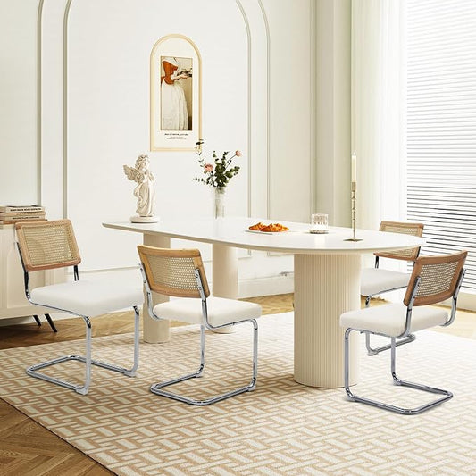 KROFEM Dining Chairs Set of 4,Modern Rattan Kitchen Chairs,White | Mid Century Modern Design,Polished Chrome Frame,Upholstered Seat