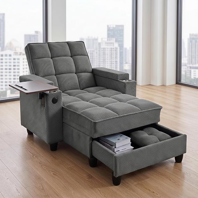 Convertible Sleeper Chair, Pull Out Sofa Bed with Adjustable Backrest & Hidden Storage Armrest, Single Sofa Recliner with USB Charging Port & Cup Holders for Living Room, Bedroom, Dark Gray