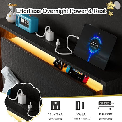 Einhomn Twin Bed Frames with LED Lights and Charging Station - Wood Floating Bed Frame with Storage Headboard, Adhesive Slats, Kick-Free & Noise-Free Design, Easy Assembly, Black