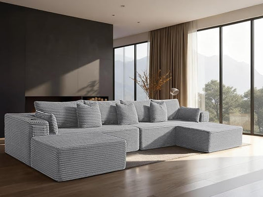 138" Cloud Sectional Couch, Comfort U Shaped Sofa for Living Room, Extra Deep Seats No Assembly, Minimalist Modular Couch, Corduroy (Light Grey, 6 Seats,U-Shape A)