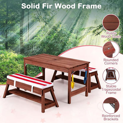 Costzon 4-in-1 Kids Picnic Table with Umbrella, Sand & Water Sensory Bins | Wooden Toddler Outdoor Table with Benches, Cushions, Cover, Gardening Tools, Kids Outdoor Furniture for Patio Backyard