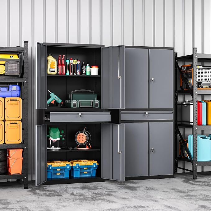 Metal Storage Cabinet with Drawer, Garage Storage Cabinet with Locking Doors and Adjustable Shelves for Garage, Home Office,Warehouse
