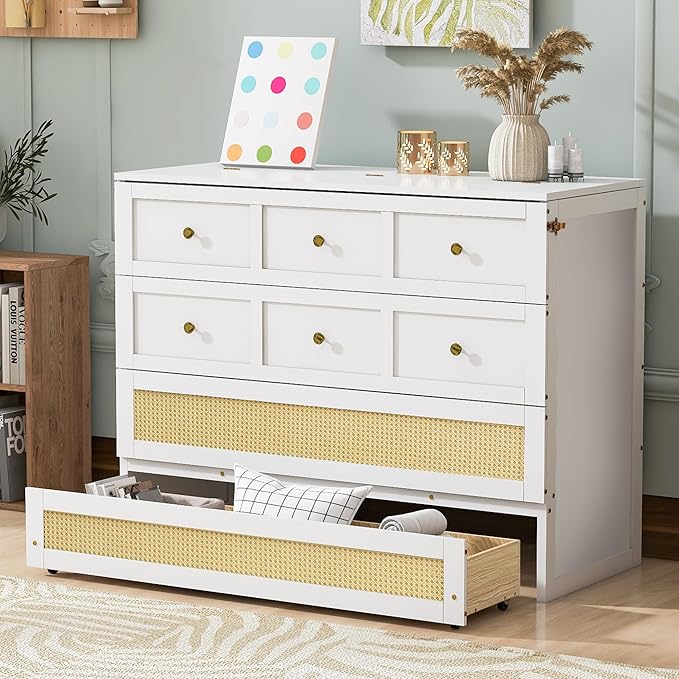 Bellemave Full Murphy Bed with Storage Drawer, Cabinet Bed, Farmhouse Murphy Cabinet with Foldable Panel, Noisy Free, for Guest Bedroom, Living Room, White with Rattan