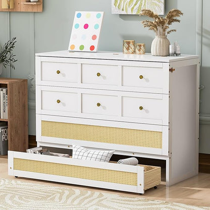 Bellemave Full Murphy Bed with Storage Drawer, Cabinet Bed, Farmhouse Murphy Cabinet with Foldable Panel, Noisy Free, for Guest Bedroom, Living Room, White with Rattan