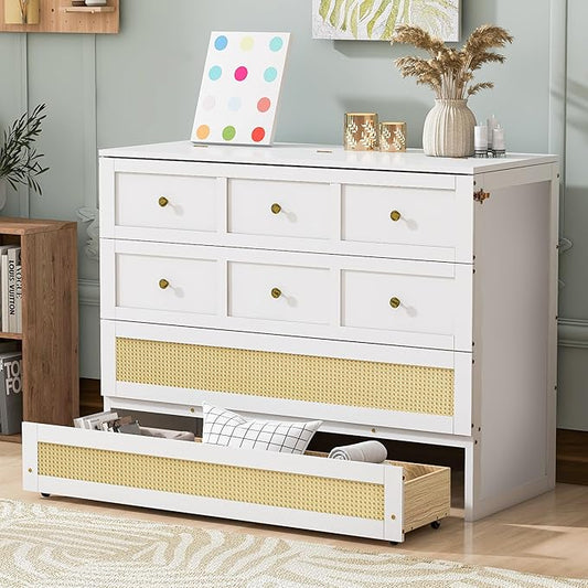 Bellemave Full Murphy Bed with Storage Drawer, Cabinet Bed, Farmhouse Murphy Cabinet with Foldable Panel, Noisy Free, for Guest Bedroom, Living Room, White with Rattan
