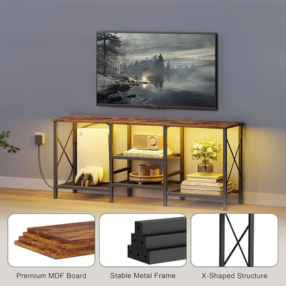 JARHETUN TV Stand with LED Lights for 55 Inch TV, Entertainment Center with 3-Tier Open Shelves, TV Console Table for Living Room, Bedroom, Rustic Brown
