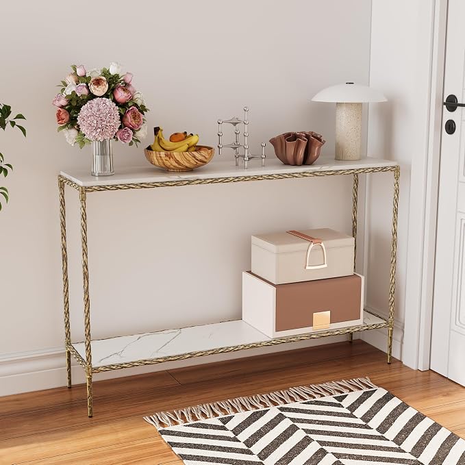 Antique Console Table with Faux Marble Wood Top, 47" Narrow Entryway Table with 2-Tier Open Storage Shelves, Modern Slim Sofa Table with Antique Brass Finish for Hallway, Living Room
