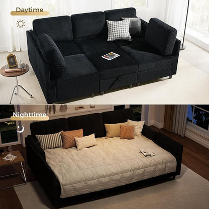 KKL Modular Sectional Sofa Bed - Sofa Couch with Storage Ottoman, Convertible L/U-Shaped Sleeper Couch for Living Room, Modern Reversible Design, Black