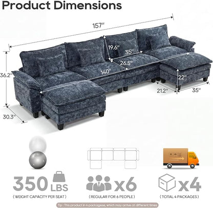 URRED Oversized Modular Sectional Sofa, 157" U Shaped Modern Comfy Cloud Couch with Movable Ottoman & Pillows, Deep Seat Couches for Living Room, Bedroom or Apartment (Chenille Blue, 157" U Shaped)