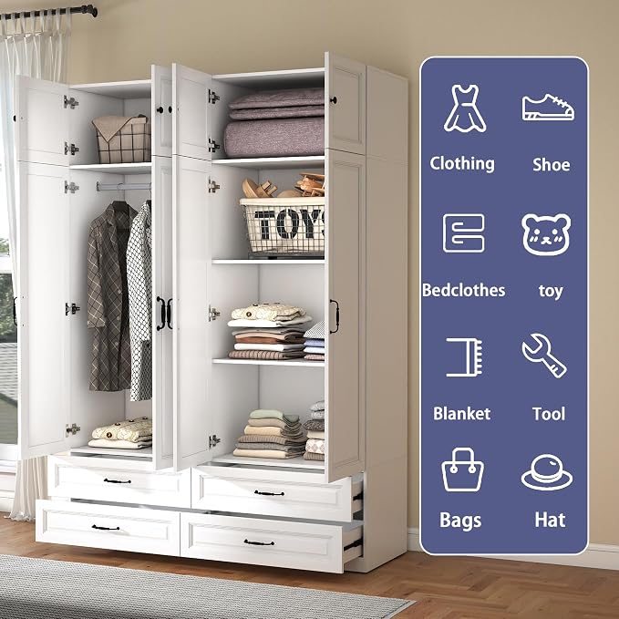 White Armoire Wardrobe Closet: 88" Extra Tall Wardrobe Closet with 4 Drawers, Bedroom Armoires with 4 Doors, Wood Large Armoire with Top Cabinet (White, 63")