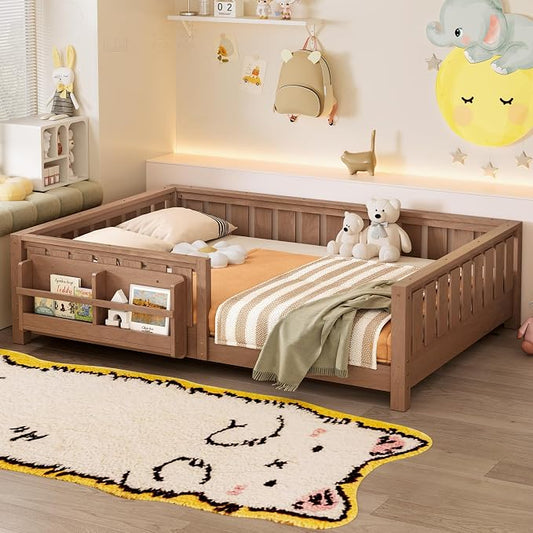 Bellemave Natural Montessori Floor Bed with Fence and Slats, Full Size Montessori Floor Bed with Bookcase and High Rails, Easy Assemble Bed Frame for Girls, Boys, Full