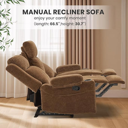 75'' Manual Reclining Sofa with Storage Drawer, 3 Seat Wall Hugger Recliner Couch with Cup Holders, Side Pockets, Chenille Fabric, Compact 3-Person Recliner for RV, Living Room, Apartment (Brown)