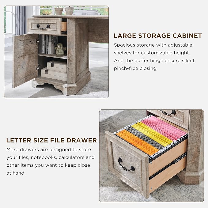 T4TREAM 59" Executive L Shaped Desk with Drawers,Farmhouse Wood Computer Corner Desk, Featuring Charging Station,File Drawer, Storage Cabinet,for Home Office Work and Study (Light Rustic Oak)
