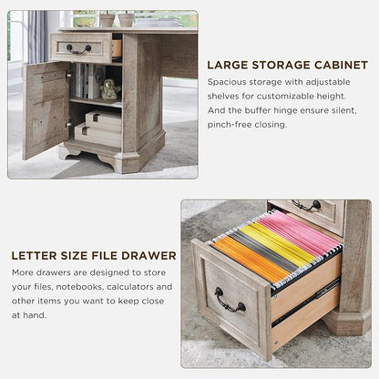 T4TREAM 59" Executive L Shaped Desk with Drawers,Farmhouse Wood Computer Corner Desk, Featuring Charging Station,File Drawer, Storage Cabinet,for Home Office Work and Study (Light Rustic Oak)