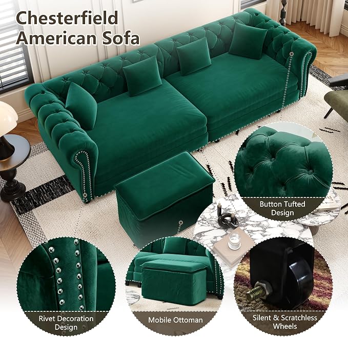 89" Velvet Pull Out Couch Bed - 3-in-1 Convertible Sleeper Sofa with Ottoman, Button Tufted Chesterfield Sofa, King Size Pull Out Sofa Bed, Space Saving for Small Spaces Apartments, Living Room,Green