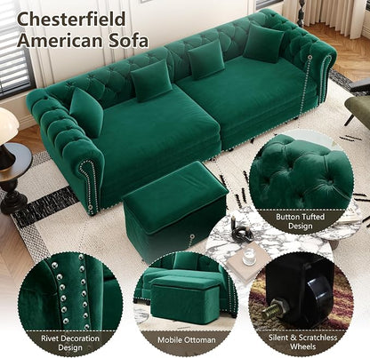89" Velvet Pull Out Couch Bed - 3-in-1 Convertible Sleeper Sofa with Ottoman, Button Tufted Chesterfield Sofa, King Size Pull Out Sofa Bed, Space Saving for Small Spaces Apartments, Living Room,Green