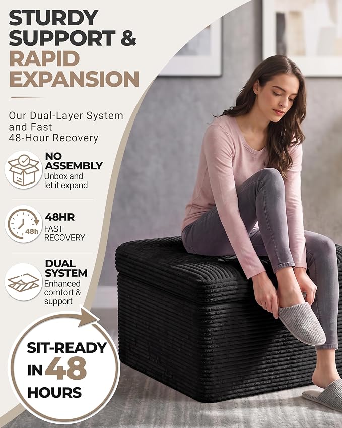 23.6in Pouf Ottoman, Corduroy Ottoman Foot Rest with Dual‑Layer Support, Large Plush Pouf with Soft Chunk‑Foam Top & Firm Foam Base, Floor Foot Stool for Living Room, Black