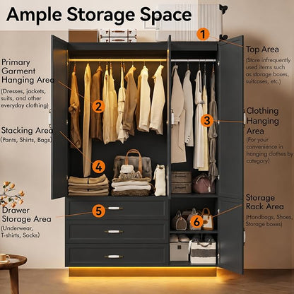 72" Armoire Wardrobe Closet with 3 Door Wooden Bedroom Armoire with LED Light 3 Drawers Large Modern Wardrobe Cabinet with Retro Ceramic Door Handles and Removable Hanging Rod Black