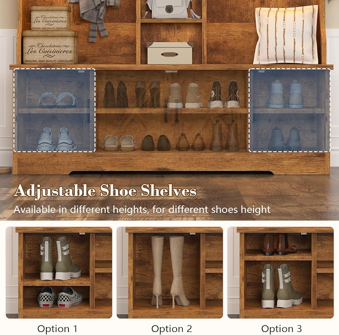 CSZZD Hall Tree with Bench and Shoe Storage, Farmhouse Entryway Bench with Coat Racks and Led Lights, Large Hall Tree with 12 Coat Hooks, 8 Storage Cubbies, Adjustable Shelf