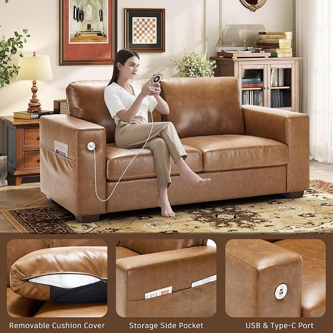 Hanherry Faux Leather 70" Sofa for Living Room, Modern Comfy Sofa with Medium Firm Seat Cushion, Removable Cover,Wide Armrest,USB/Type-C Port,Couches for Small Space,Apartment