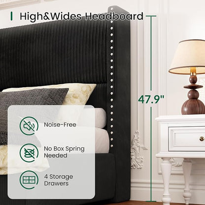 LARMACE Queen Size Bed Frame with 4 Storage Drawers Corduroy Bed Upholstered Platform Bed Frame with 48" Tall Headboard, Solid Wood Leg/No Box Spring Needed/Noise Free, Black