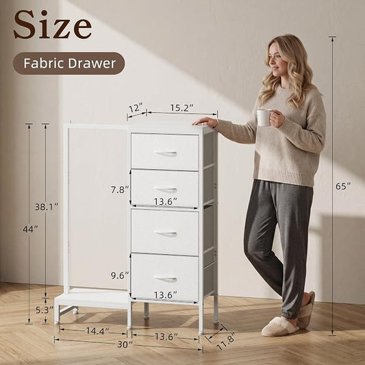 HIGDBFE Tall Dresser 44''H with Hanging Rack, 4 Drawers Small Closet Dresser for Bedroom, Reversible Fabric Chest of Drawers with Clothes Rack, Tall Storage Tower, Sturdy Frame, White