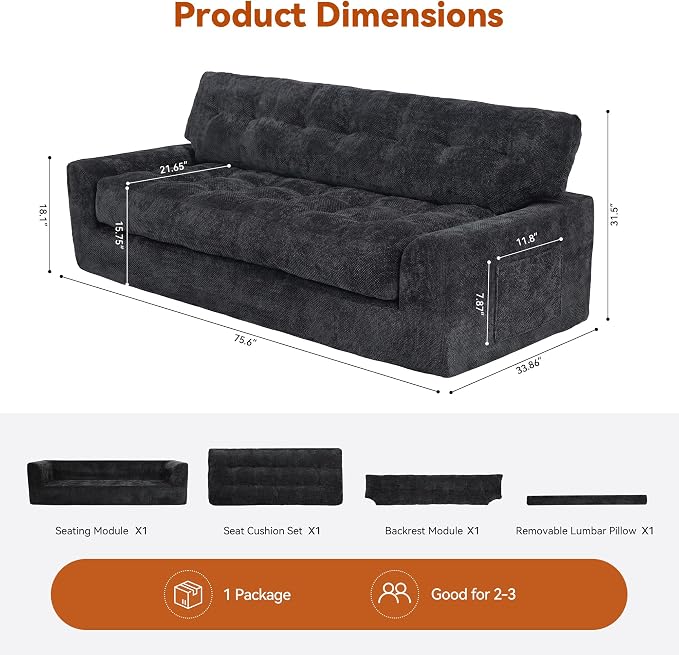MONVANE 75.6" Convertible 3 Seater Sofa, Comfy Chenille Cloud Couch with Storage Pocket, Modern Deep Seat Boneless Couch, 3 Seater Sofa for Living Room, No Assembly Required, Black