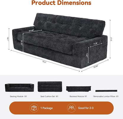 MONVANE 75.6" Convertible 3 Seater Sofa, Comfy Chenille Cloud Couch with Storage Pocket, Modern Deep Seat Boneless Couch, 3 Seater Sofa for Living Room, No Assembly Required, Black