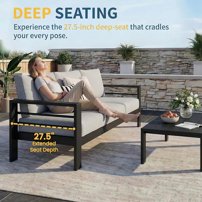 Solaste Aluminum Patio Furniture Set for All Weather, Oversized Metal Outdoor Furniture Set with 27.5" Deep Seating and 3.2" Wide Armrest, Outdoor Patio Conversation Sets with 10" Back Suport Cushion
