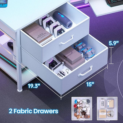 Itaar 79" Gaming Desk with 2 Fabric Drawers, Long Computer Desk with Power Strip & LED Lights, U Shaped Desk with Storage and Cup Holder, Large Gaming Table for Bedroom, Carbon Fiber White