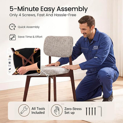 COLAMY Dining Chairs Set of 4, Modern Upholstered Kitchen Room Chairs with Solid Red Oak Wood Legs, 5-Min Easy Assembly Anti-Wobble, High-Weight Fabric Farmhouse Side Chair, 300lbs,Walnut,Oatmeal