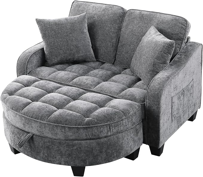 ERYE Chenille Tufted Loveseat Sofa and Ottoman Set, Tufted Recliner Sleeper Chaise Lounge with Curved Storage Ottoman,Reclining Backrest and Side Pockets, 4 Pillows