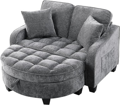 ERYE Chenille Tufted Loveseat Sofa and Ottoman Set, Tufted Recliner Sleeper Chaise Lounge with Curved Storage Ottoman,Reclining Backrest and Side Pockets, 4 Pillows
