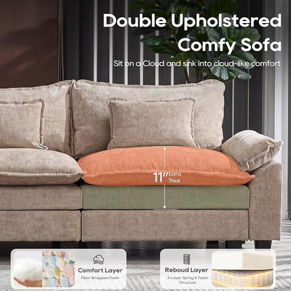 URRED Oversized Modular Sectional Sofa, 87" L Shaped Modern Comfy Cloud Couch with Movable Ottoman & Pillows, Deep Seat Couches for Living Room, Bedroom or Apartment (Chenille Khaki, 87" L Shaped)