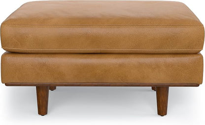 SIMPLIHOME Morrison 33 inch Wide Ottoman in Sienna Genuine Leather, Multifunctional Footrest, Coffee Table, and Extra Seating for Living Room, Mid-Century Modern Style