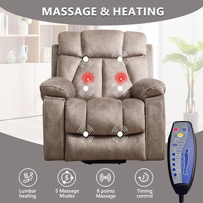 CANMOV Large Power Lift Recliner Chairs with Massage and Heat for Elderly Big People, Heavy Duty Motion Reclining Mechanism-Anti Skid Fabric Recliner Chair with 2 Concealed Cup Holders,Light Brown