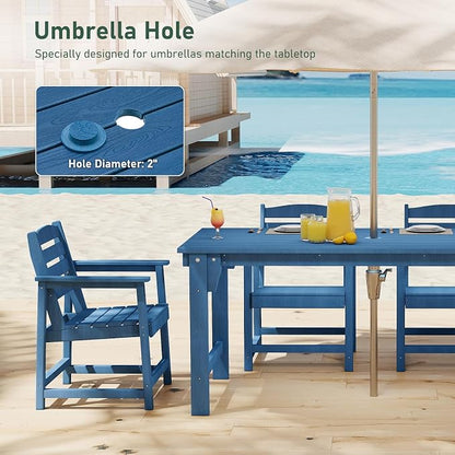 Furnimart 5-Piece Outdoor Dining Set, 67" HDPE Dining Table and Chairs for 4, All-Weather Patio Dining Set with Umbrella Hole, Outdoor Furniture Set for Backyard, Garden, Lawn & Poolside, Blue