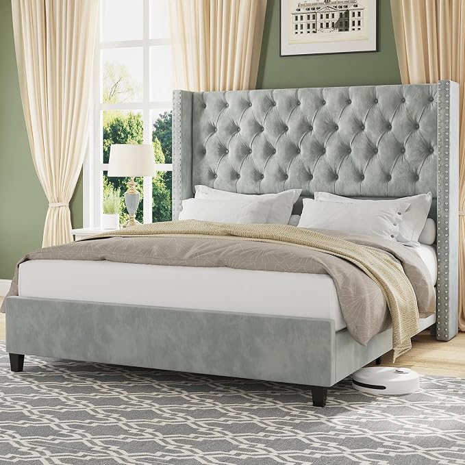 Jocisland Queen Size Bed Frame with 51.6” Wingback Tufted Velvet Headboard, Modern Upholstered Platform Bed, No Box Spring Needed, Easy Assembly, Light Grey