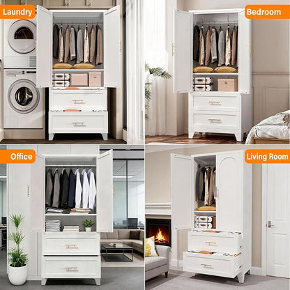 Anwick Metal Wardrobe Closet, 71" Tall Black Metal Wardrobe Cabinet with Hanging Rod, 2 Drawers, 2 Doors and Adjustable Shelf for Bedroom Guest Room Laundry Room (White, 71" Tall)