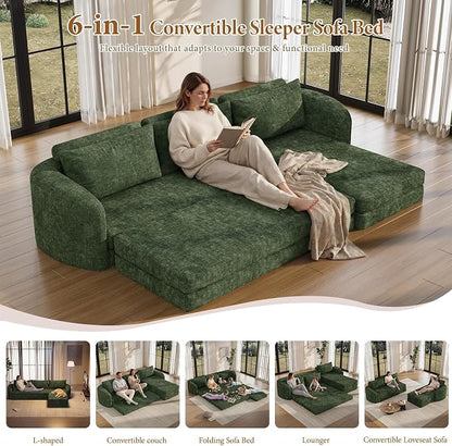 Vesgantti 110.2" Boneless Sectional Couch with Curved Armrest, 6 in 1 Convertible Folding Sleeper Sofa Bed, Chenille Modular Sofa for Living Room, No Assembly Required, Green, Right Facing Chaise