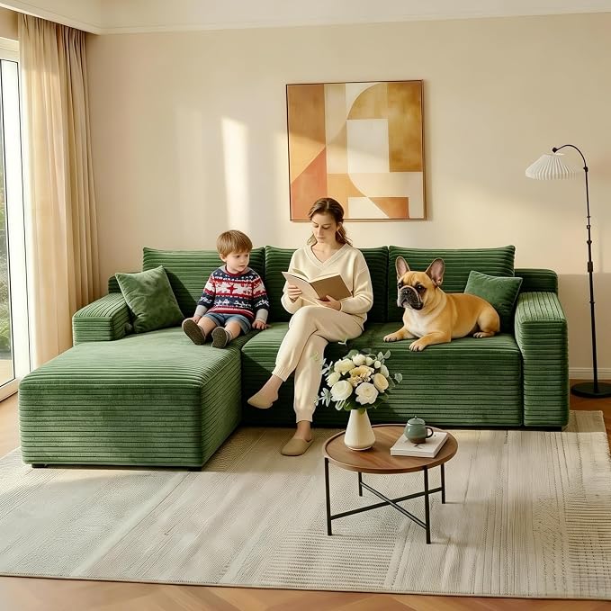 JINGLING 94" L Shape Couch with Left Chaise, Memory Foam Boneless Sectional Sofa in a Box, No Assembly Modular Small Couches for Small Spaces, Living Room, Apartments, Plush Corduroy, Green