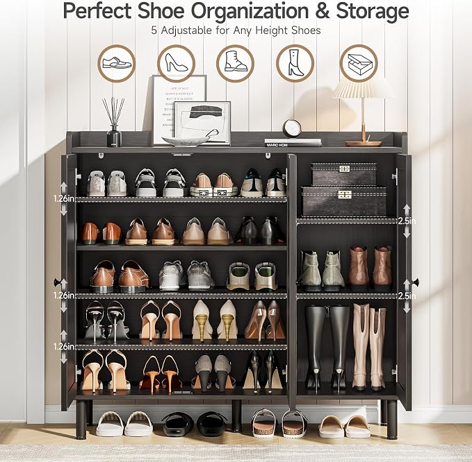ONBRILL Shoe Cabinet with 3 Doors and Adjustable Shelves, 30 Pairs Shoe Storage Cabinet, 40 Inch Tall Farmhouse Shoe Rack Shoe Organizer Cabinet for Entryway Living Room Closet, Black