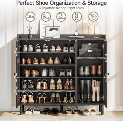 ONBRILL Shoe Cabinet with 3 Doors and Adjustable Shelves, 30 Pairs Shoe Storage Cabinet, 40 Inch Tall Farmhouse Shoe Rack Shoe Organizer Cabinet for Entryway Living Room Closet, Black